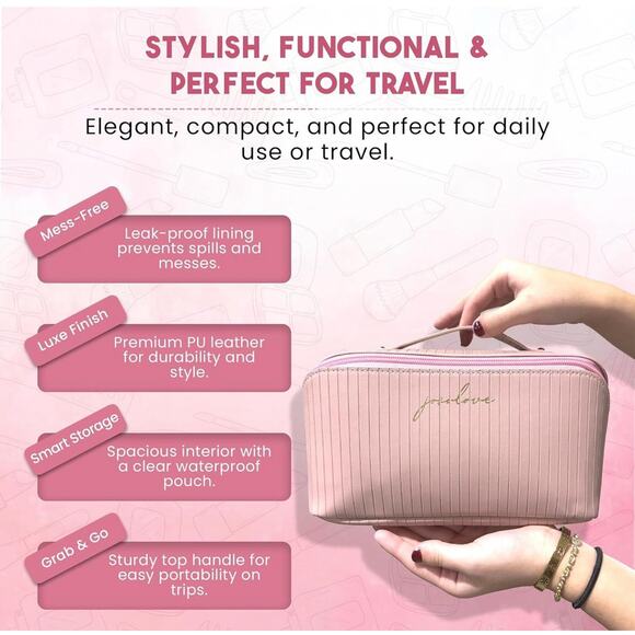 Women Travel Makeup Bag Pink Large Cosmetic Organizer With Compartments Bag NEW - Picture 2 of 5